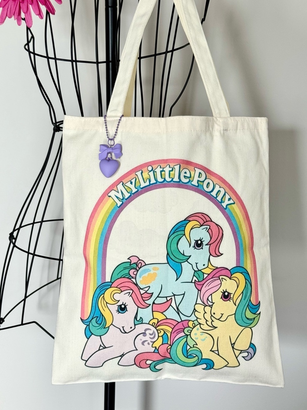 New My Little Pony Retro 80s Style Shopping Bag Purse Tote w/ Heart Charm - 16”